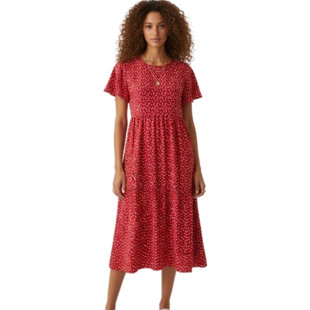 Emery Rose Red Heart Print Flutter Sleeve Cottagecore Midi Dress